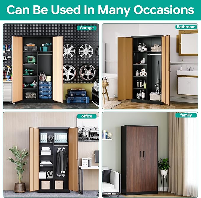 Metal Wardrobe Cabinet with Lock,72" Armoire Closet with Hanging Rod,Lockable Storage Locker,Storage Cabinet with Locking Doors,Garage Locker,Steel Wardrobe for Home,Bedroom,Office,Employee,Shop
