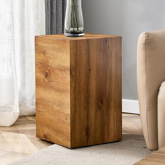 Cube End Table Wood Grain, Modern Side Table for Living Room, Contemporary Nightstand