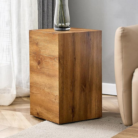 Cube End Table Wood Grain, Modern Side Table for Living Room, Contemporary Nightstand