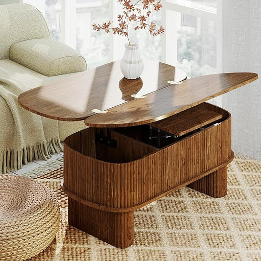 Lift Top Coffee Table with Large Storage,Lifting Converts to Dining Table,Oval Pop Up Coffee Table Fluted Wood Center Table for Living Room,Fully Assembled Space-Saving for Eating&Laptops