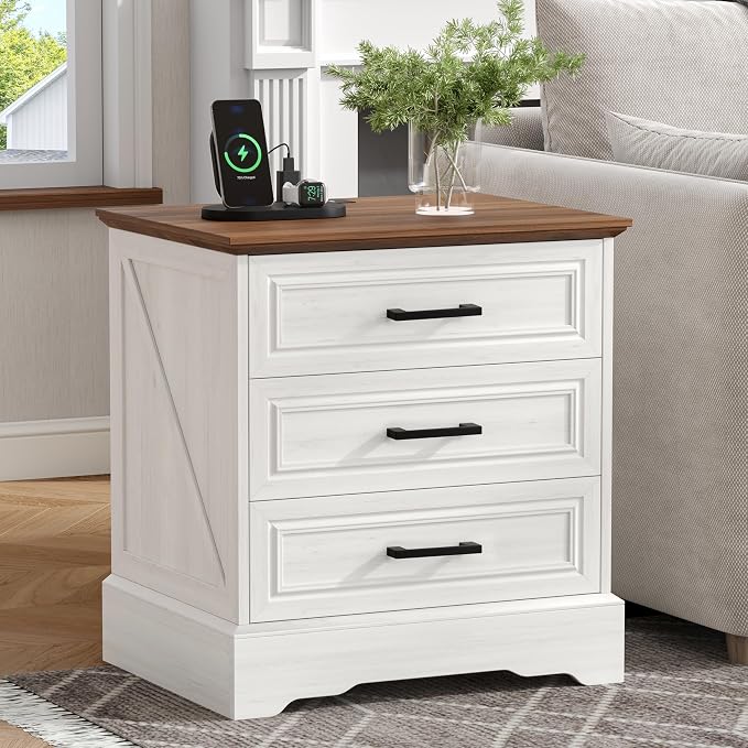 Akxomel Farmhouse Nightstand with Charging Station, 22" Wide Bedside Table with 3 Large Drawers & Bar Handles, Side End Table with Stable Support Base, for Bedroom, Off White by Akxomel