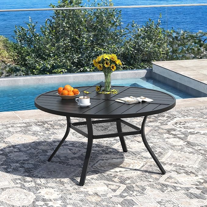 DIFY Patio Dining Set for 6, 7 Piece Outdoor Table and Chairs Set, 47.2" Black Round Metal Patio Dining Table and 6 Grey Textilene Stackable Patio Chairs, for Backyard Garden Poolside - Image 2