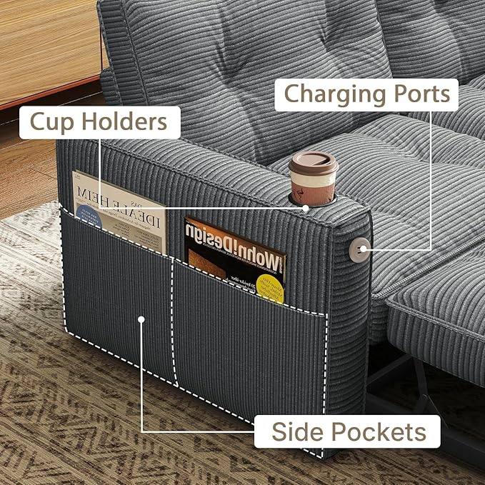 Rovibek 73.2" Convertible Sofa Bed, Pull Out Couch with USB Charging Port & Cup Holders, Adjustable Backrest, Side Pockets, Modern Corduroy Sleeper Sofa for Living Room, Bedroom, Apartment, Grey
