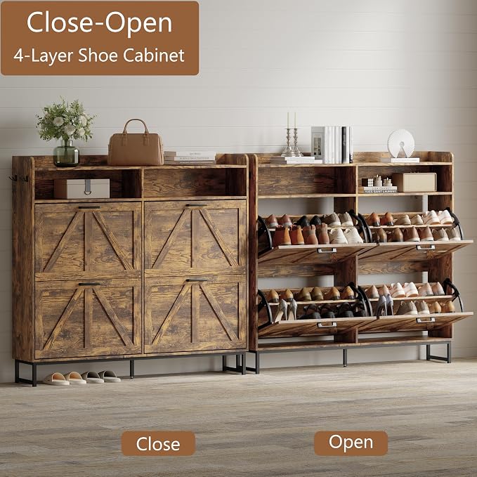 Shoe Cabinet with 4 Flip Drawers, Freestanding Hidden Shoe Storage Organizer for Entryway, Narrow Slim Shoe Rack Cabinet with Open Storage & Hooks for Front Door Entrance, Living Room, Hallway, Brown - Image 3