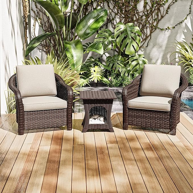 Patio PE Rattan Chairs Set of 2 with Cat Nest End Table, All-Weather & Steel Frame Outdoor Conversation Furniture Set with Washable Cushions for Garden, Bistro, Deck, Yard (Beige)