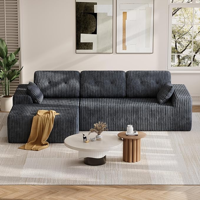 Ball & Cast 106" Cloud Modular Sectional Sofa, Boneless Corduroy Couch with Deep Seat, Comfy L-Shaped Sectional, Modern Upholstered Sofa for Living Room, No Assembly (Gray, Left Facing Chaise)