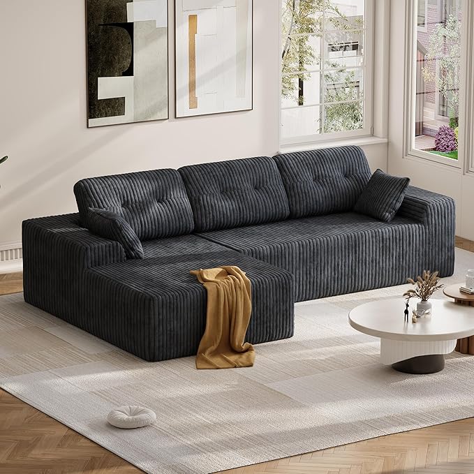 Ball & Cast 106" Cloud Modular Sectional Sofa, Boneless Corduroy Couch with Deep Seat, Comfy L-Shaped Sectional, Modern Upholstered Sofa for Living Room, No Assembly (Gray, Left Facing Chaise)