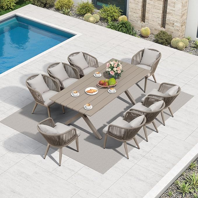 PURPLE LEAF 9 Pieces Patio Dining Set Wicker Outdoor Furniture Rectangular Table and Chairs Set for Garden Deck Aluminum Frame Backyard Kitchen Set, Cushions and Pillows Included Champagne - Image 2