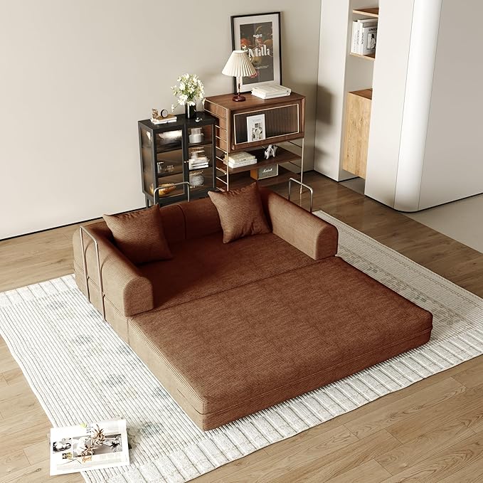 59'' Convertible Compressed Corduroy Folding Cloud Sofa Bed, Modern Boneless Pull Out Loveseat Sleeper in a Box, 4 in 1 Floor Mattress Futon Cloud Couch, No Assembly Needed, Caramel, 2 Pillows, Queen