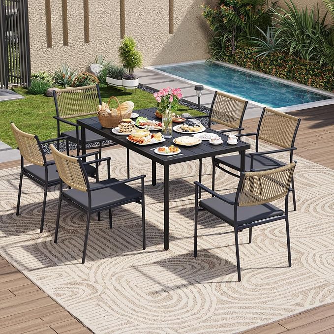 7 Pieces Outdoor Dining Set for 6, Large Steel Dining Table with Umbrella Hole, Wicker Patio Table and Rattan Chairs for Garden, Deck, Yard, Porch, Matte Metal Spray Coating Patio Dining Set, Black - Image 2