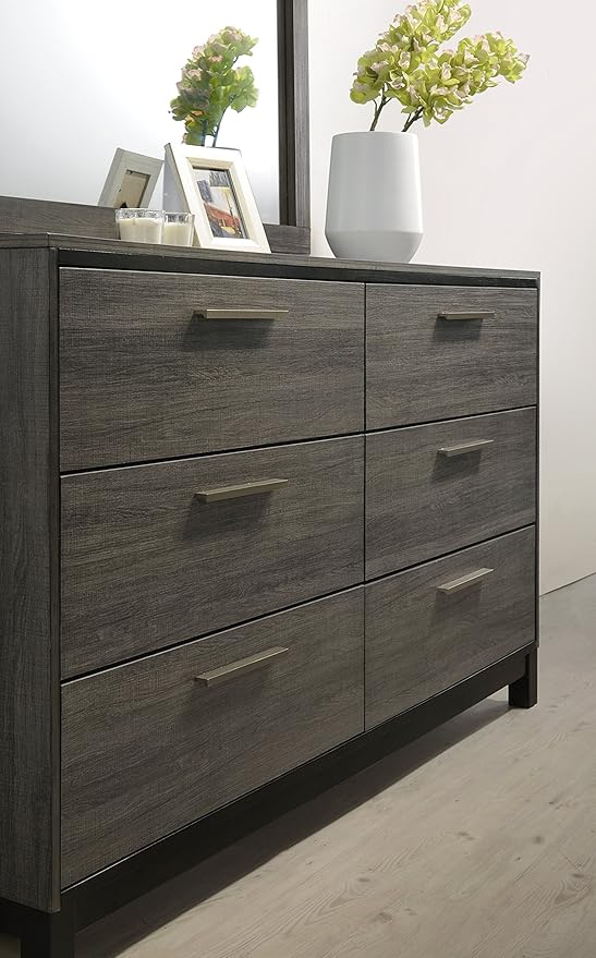 Roundhill Furniture Ioana 187 Antique Grey Finish Wood Bed Room Set, Queen Size Bed, Dresser, Mirror, 2 Night Stands