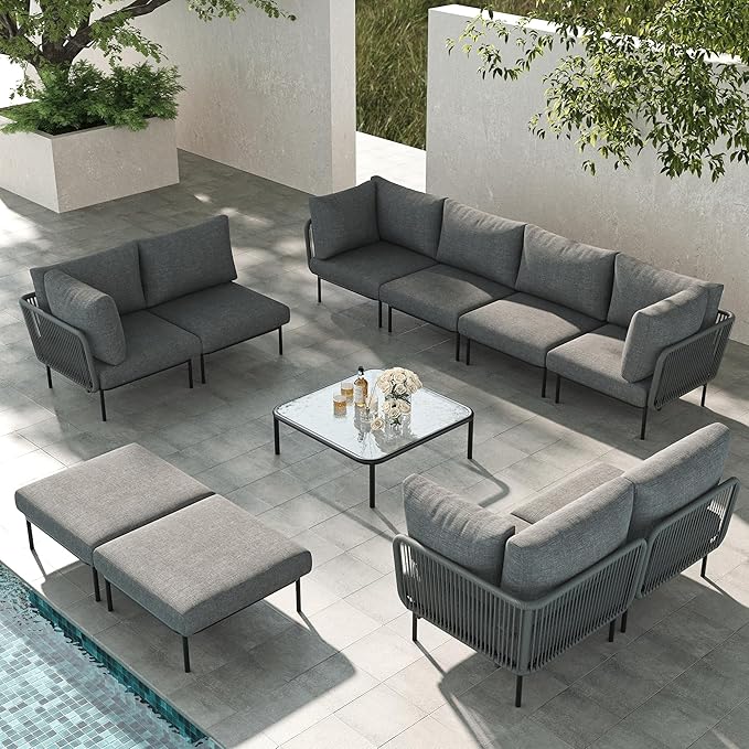 LayinSun 11 Pieces Aluminum Patio Furniture Set, Modern Modular Sectional Sofa with Coffee Table and Upgrade Thickness Cushion