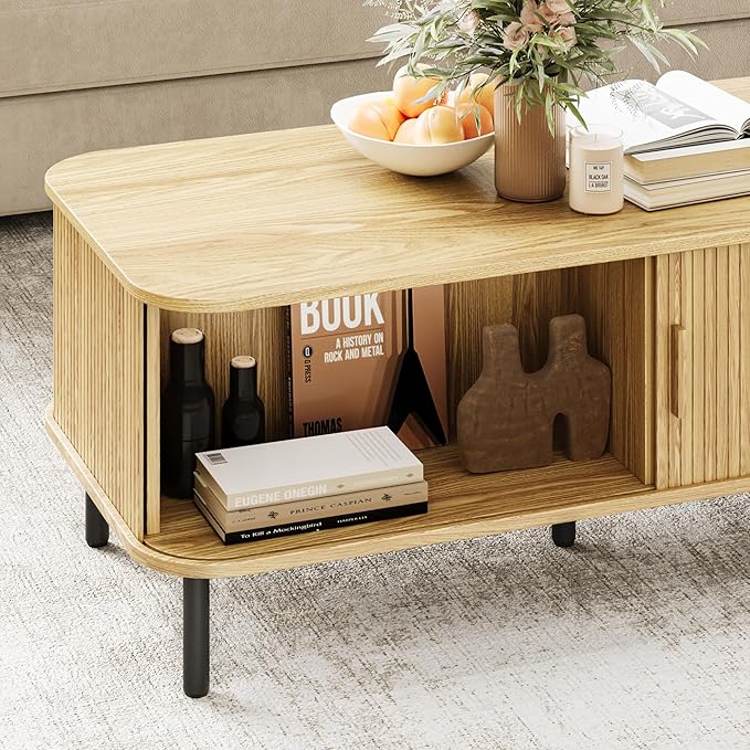Coffee Table with Storage, 47.2" Mid Century Modern Coffee Tables for Living Room, Rectangle Wood Center Table with Sliding Tambour Door & Adjustable Leg for Living Room, Oak