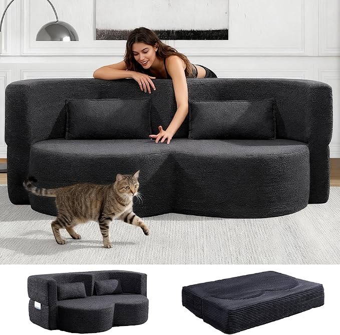 KEIKI 79" Convertible Floor Sofa Bed, Fold ‌Teddy Sleeper Cloud Couch with Storage & Deep Seat, Comfy Upholstery Curved Boneless Futon Couches, 2-in-1 Sofas for Living Room Bedroom, No Assembly, Black