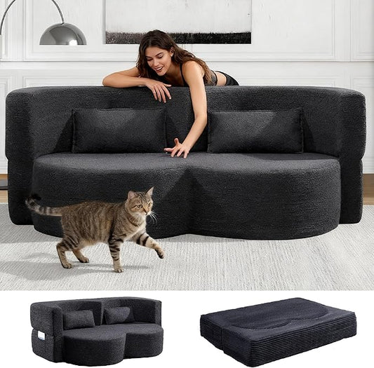 KEIKI 79" Convertible Floor Sofa Bed, Fold ‌Teddy Sleeper Cloud Couch with Storage & Deep Seat, Comfy Upholstery Curved Boneless Futon Couches, 2-in-1 Sofas for Living Room Bedroom, No Assembly, Black