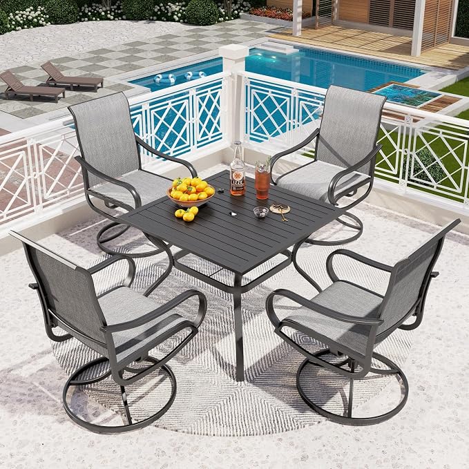 PHI VILLA 5 PCS Patio Dining Set with Outdoor Swivel Dining Chairs (Gray) and 37"x 37" Metal Steel Dining Table, All Weather Patio Dining Furniture Set for Poolside Deck Lawn Garden - Image 9