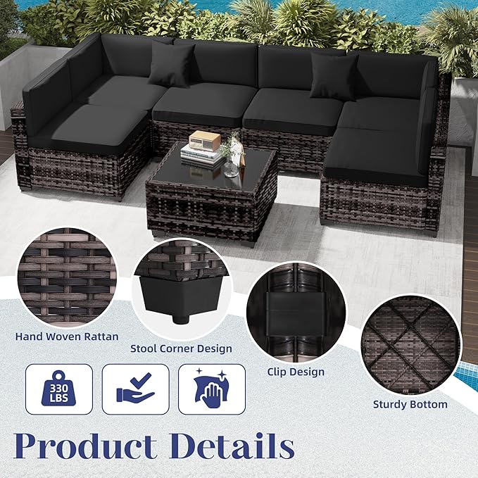 KIGOTY Patio Furniture Set,14 Pieces Modular Outdoor Sectional Sofa, PE Rattan Patio Conversation Set, All Weather Wicker Patio Furniture with Cushions and Coffee Table(Beige Black/Black)
