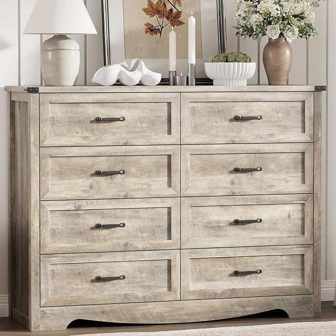 Dresser for Bedroom with 8 Drawers, 54" Wide Wood Chest of Drawers with Deep Drawers & Mental Handle, Modern Dresser TV Stand, Wooden Closet Storage Organizer for Living Room, Hallway, Entryway, Grey - Image 3