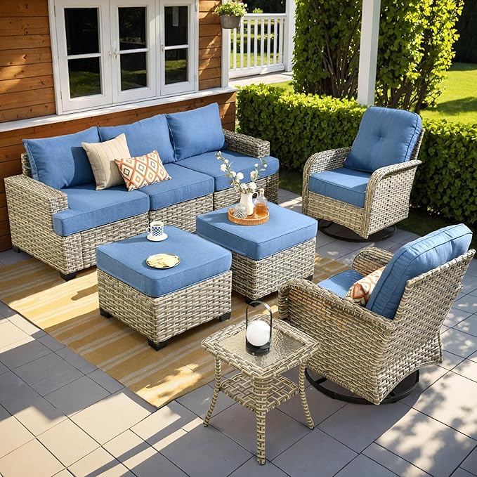 ovios 8 Piece Patio Sectional Furniture with Swivel Rocking Chairs, Rattan Wicker Coversation Set with Glowing Coffee Table, Outdoor Sofa Set for Outside Porch Balcony Backyard Pool, Blue