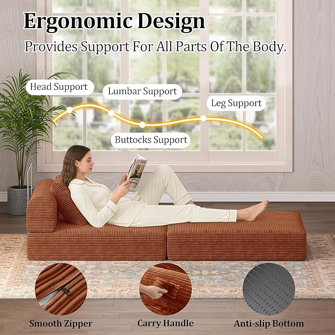 HouseMila Sofa Bed Couch,Convertible Boneless Couch Compressed Chair Comfy Boneless Chair Floor Lounge Chair with Pillow,No Assembly Folding Sofa Beds for Living Room Bedroom Guest Room(Single,Orange