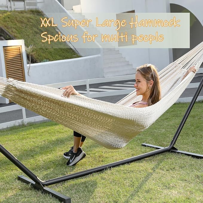 ZEAN Handwoven Hammock by Thick Cotton Rope XXL Two Person Hammock for Outside, Patio Backyard Garden 550LB Capacity - Image 3