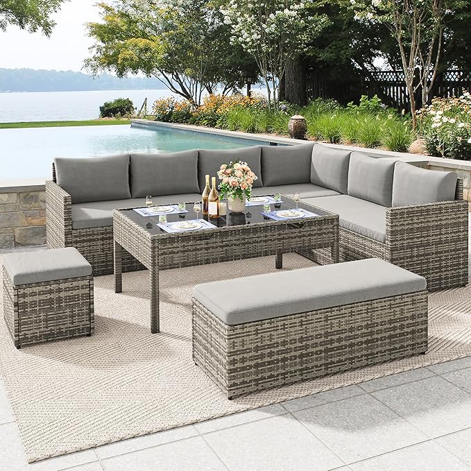 YITAHOME 9 Piece Patio Furniture Set, All-Weather Wicker Outdoor Sectional Sofa with Lift-Top Coffee Table & Ottoman, Patio Conversation Set for Deck, Backyard, Porch - Gray Gradient