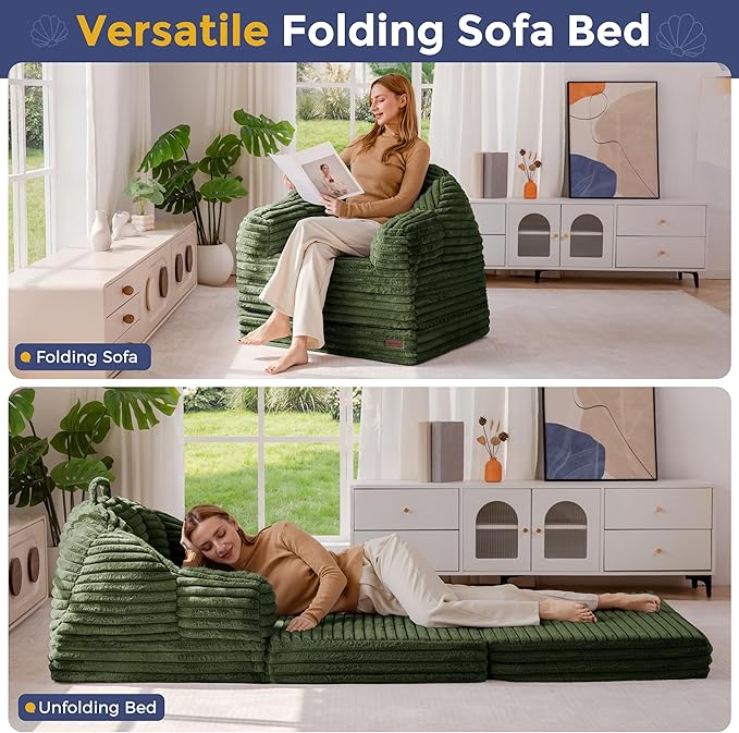 MAXYOYO Folding Sofa Bed, 2 in 1 Convertible Sofa to Lounger Comfy Faux Fur Bean Bag Chair for Adults, Floor Single Sleeper Couch Chair with Handle, Couch Bed for Living Room Bedroom, Dark Green
