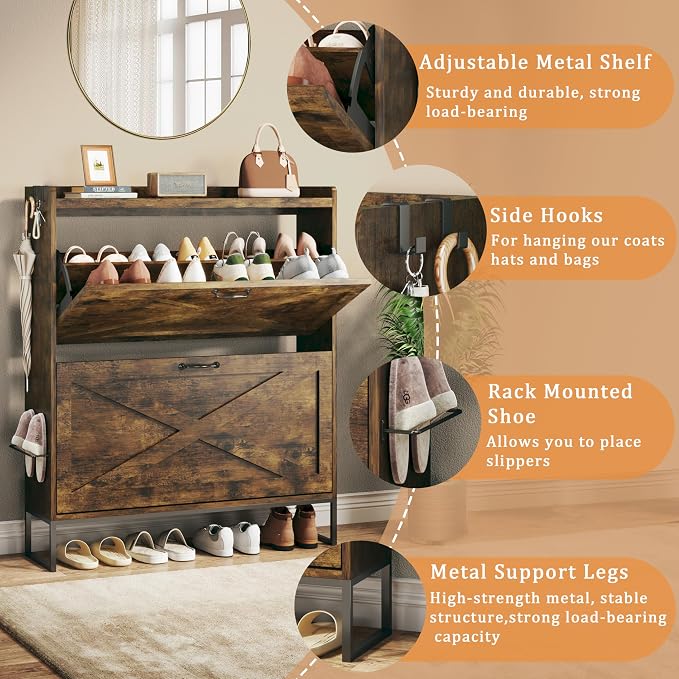 HUAHUU Shoe Cabinet with 2 Flip Drawers - Adjustable Shelves, Freestanding Organizer with Metal Legs for Entryway, Narrow Shoe Cabinet, Rustic Brown - Image 3