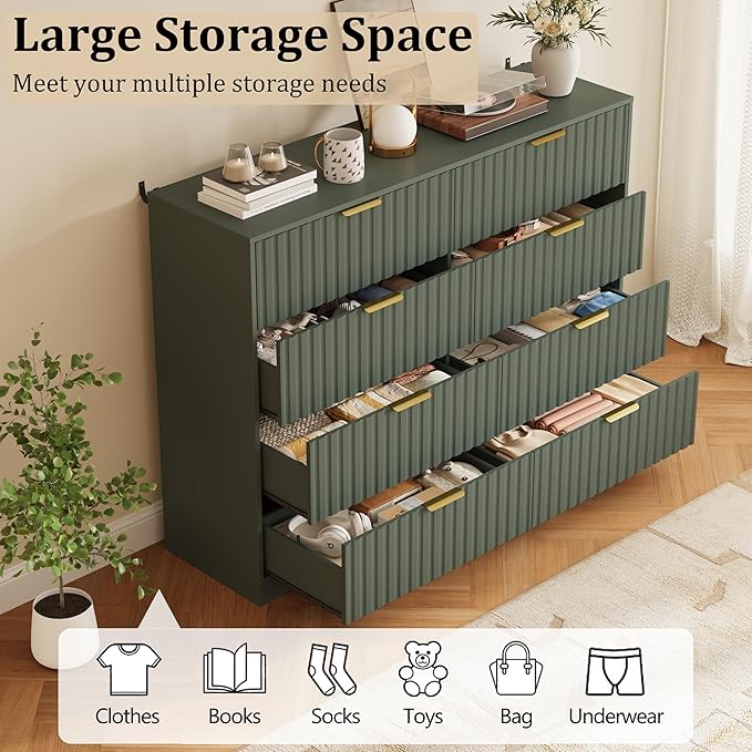 8 Drawer Dresser and Nightstand Sets for Bedroom, Modern Fluted 3 Pcs Bedroom Dresser Furniture Sets, Wood Chest of Drawers and Nightstand Set of 2 with Metal Handles, Green