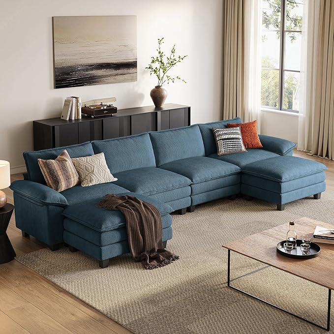 LINSY HOME 157'' Modular Sectional Sofa Blue Couch Corduroy Cloud Couches for Living Room, U Shaped Couch with Movable Ottoman, Modern Cloud Sectional Sofas for Bedroom and Apartment, Blue