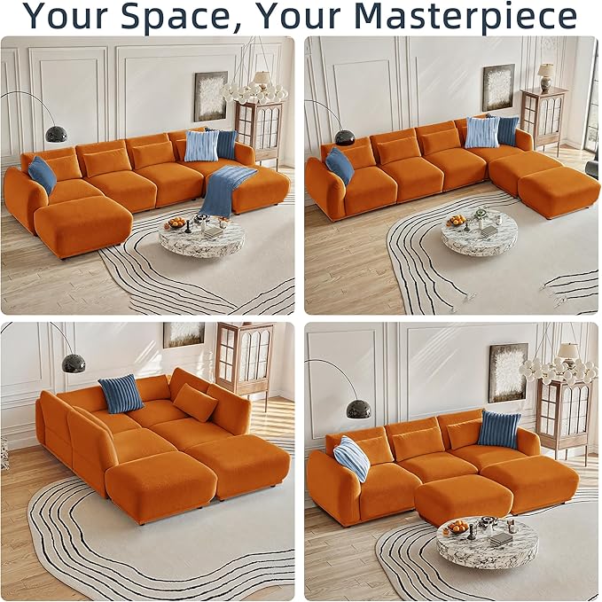 Sectional Sofa Couch, Modern U Shaped Sectional Couch with Ottoman, Modular Sectional Sofa Cloud Couches for Living Room (Orange, 4 Set + 2 Ottoman)