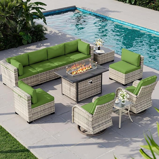 11-Piece Outdoor Patio Furniture Set with Rocking Swivel Chair, Wicker Rattan Sectional Sofa Conversation Set with 55,000 BTU Fire Pit Table, Backyard Furniture, Avocado Green