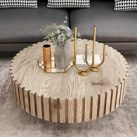 Round Wood Coffee Table for Living Room Modern Rustic Fluted Solid Wood Coffee Table Pedestal Center Table Circle Tea Tables for Apartment Easy Assembly(31.5''Oak Natural)