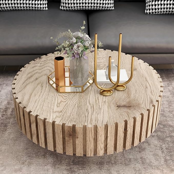 Circle Coffee Table 31.5" Rustic Round Wood Center Table Accent Drum End Tea Table for Living Room Apartment Small Space,with Fluted Relief Side, Natural