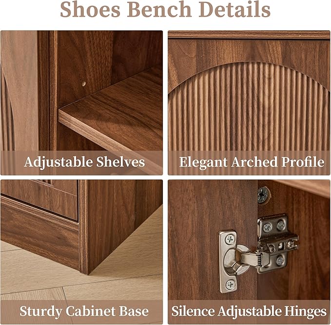 BERRYMERRY 39.4" Fluted Shoe Storage Bench for Entryway,2 Tier Shoe Cabinet Bench with Adjustable Shelf,Bench for Bedroom End of Bed (Walnut, 13.8”D x 39.4”W x 18.5”H) - Image 4