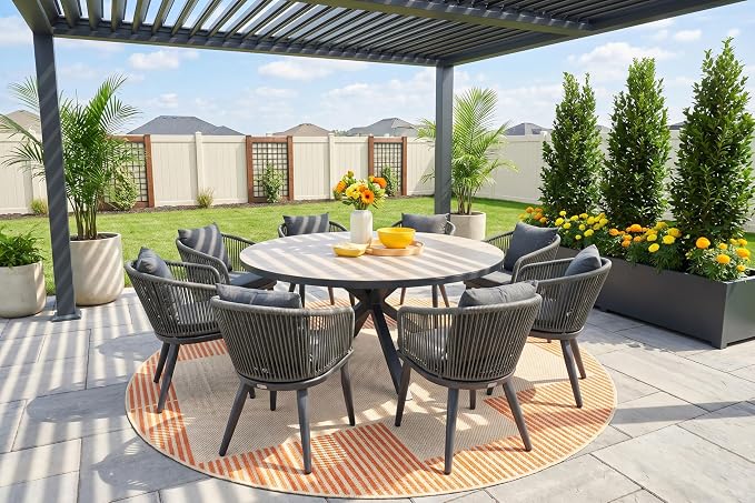 PURPLE LEAF 9 Pieces Patio Dining Set Wicker Outdoor Furniture Round Table and Chairs Set for Garden Deck Aluminum Frame Backyard Kitchen Set, Cushions and Pillows Included Grey by PURPLELEAF