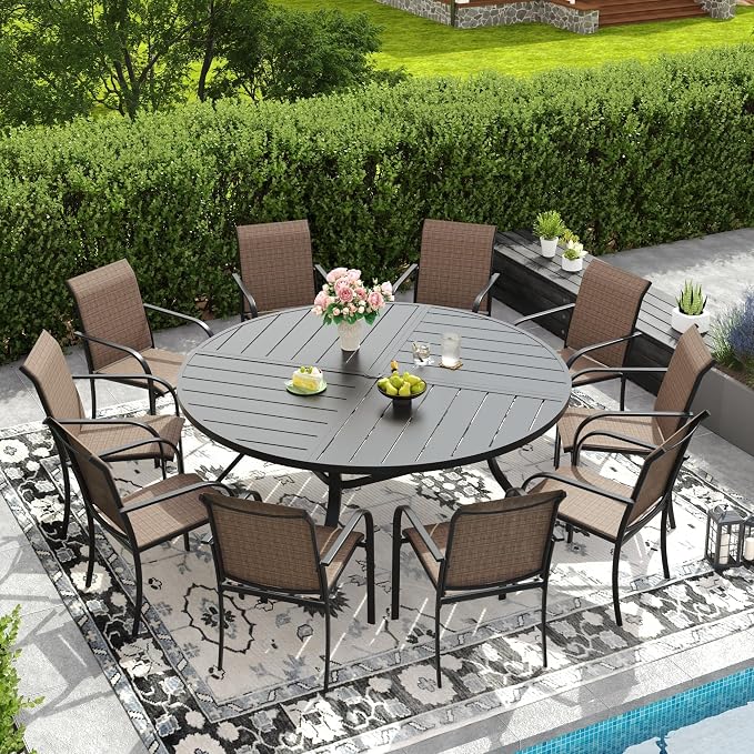 DIFY 11 Pieces Outdoor Patio Dining Set for 10, 63" Black Round Metal Patio Table and 10 Brown Stackable Textilene Patio Chairs, Outdoor Table and Chairs for Backyard Garden Poolside by DIFY