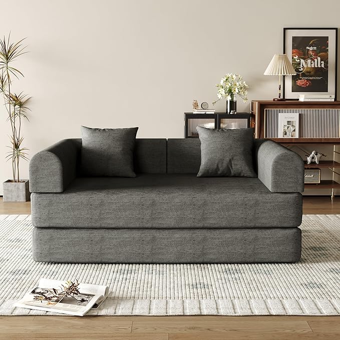 59'' Convertible Compressed Corduroy Folding Sofa Bed, Modern Boneless Pull Out Loveseat Sleeper in a Box, 4 in 1 Floor Mattress Futon Cloud Couch for Home, No Assembly Needed, Grey, 2 Pillows, Queen