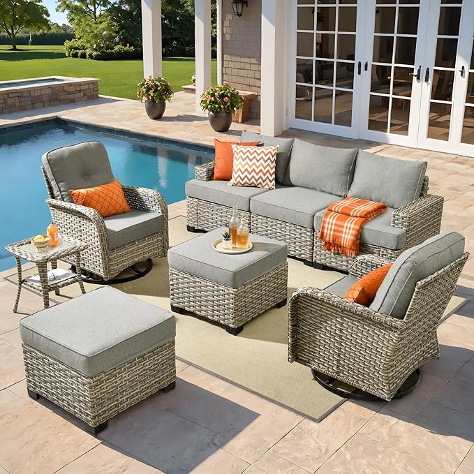ovios 8 Piece Patio Sectional Furniture with Swivel Rocking Chairs, Rattan Wicker Coversation Set with Glowing Coffee Table, Outdoor Sofa Set for Outside Porch Balcony Backyard Pool, Dark Grey