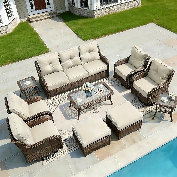 Patio Furniture Set, 10PCS Outdoor Wicker Conversation Set with 6" Thick Cushions, High Back Rattan Sofa & Swivel Rocker Chairs, Weather Resistant Olefin Fabric for Garden, Poolside, Beige