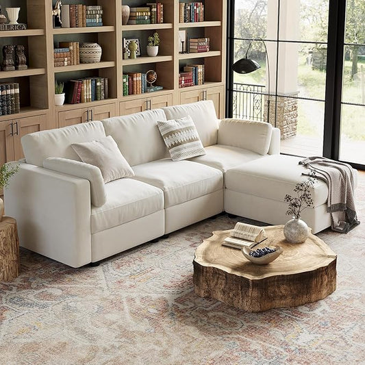 GarveeHome 104" Modular Sectional Sofa, 4 Seater Sectional Couch, L Shaped Sofa with Ottoman, Oversized Convertible Modular Couch for Living Room Apartment Office, Chenille Beige