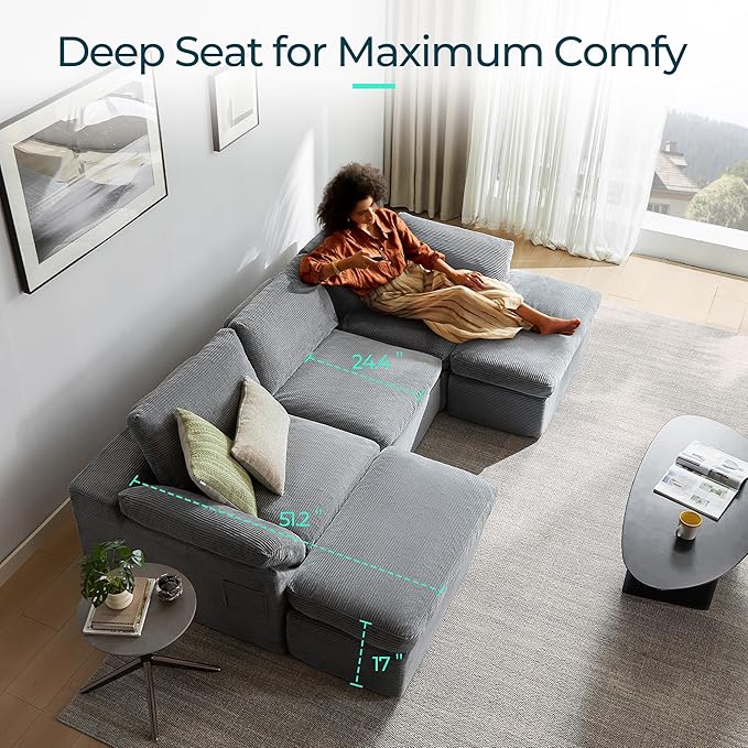 LINSY HOME 139" Modular Couch Modern Boneless Cloud Couch, U Shaped Sofa with Movable Ottomans, Deep Seat Corduroy Sectional Couches for Living Room, Apartment, No Assembly Required, Grey