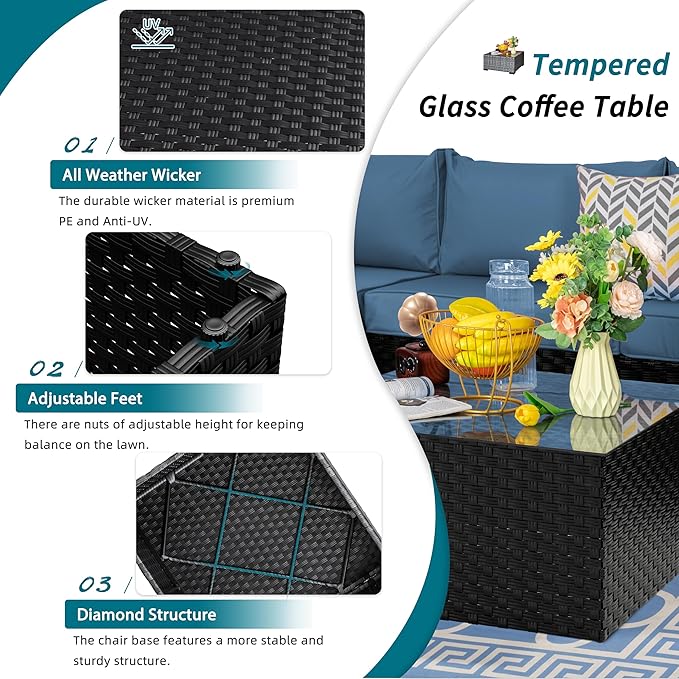 SUNLEI 5 Piece Outdoor Patio Furniture Set with Fire Pit Table, Black PE Rattan Wicker Conversation Sofa Set with Blue Cushions, All Weather Sectional Patio Couch for Backyard, Deck, Garden, Porch
