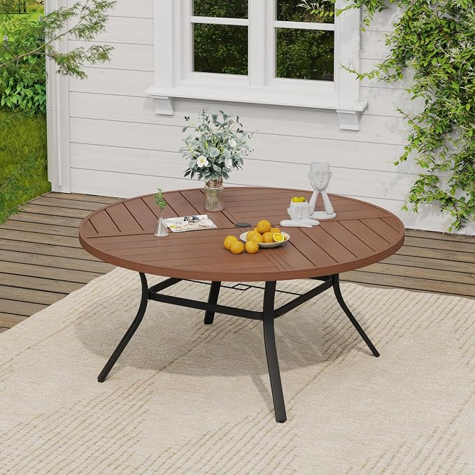 VICLLAX 11 Pieces Round Patio Dining Set, Patio Furniture Set of 10 Patio Stackable Dining Chairs and 63" Outdoor Spliced Tabletop with Umbrella Hole, Brown Chairs and Walnut Table - Image 5