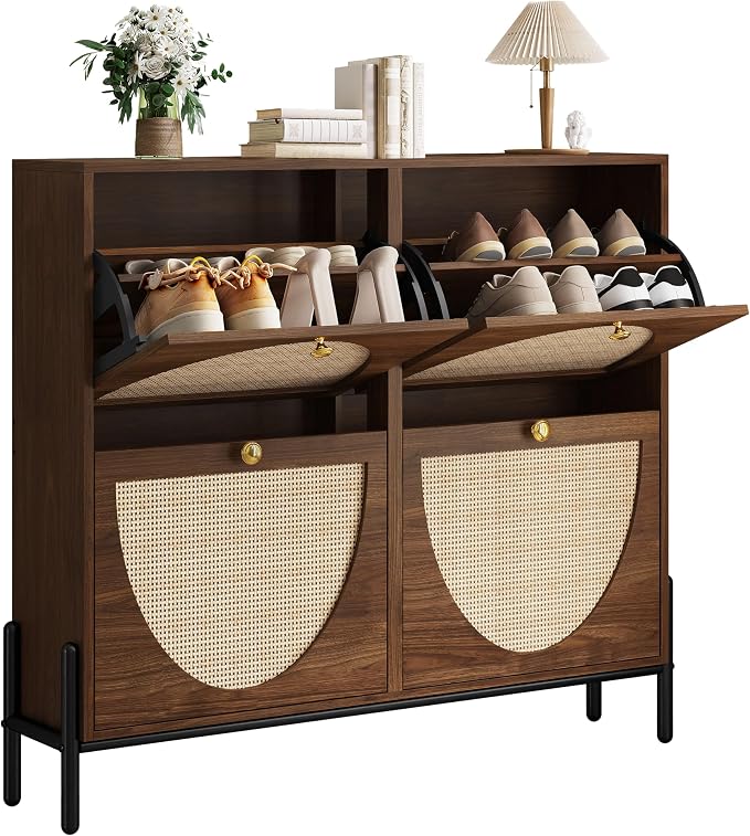IRONCK Rattan Shoe Cabinet Storage with 4 Flip Drawers, Freestanding Shoe Storage Organizer Cabinet for Entryway, Narrow Shoe Rack Cabinet, Walnut by IRONCK