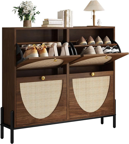 IRONCK Rattan Shoe Cabinet Storage with 4 Flip Drawers, Freestanding Shoe Storage Organizer Cabinet for Entryway, Narrow Shoe Rack Cabinet, Walnut by IRONCK