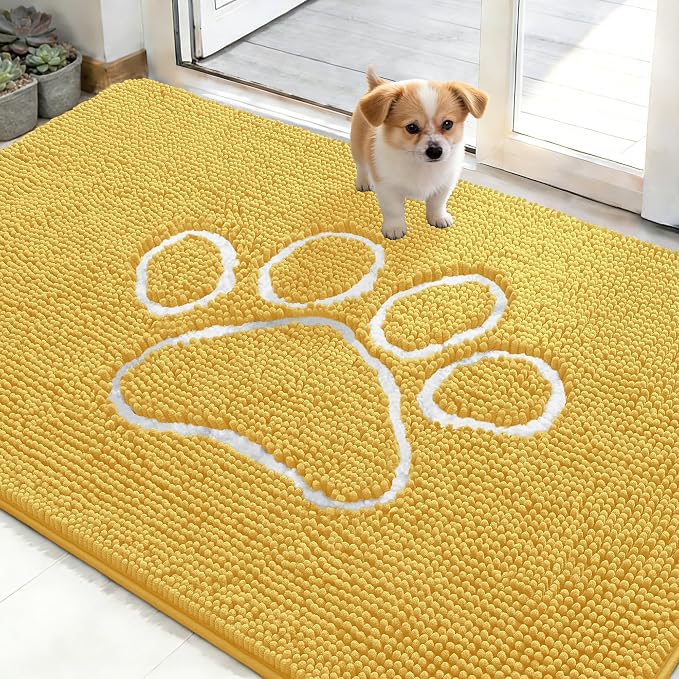 OLANLY Dog Door Mat for Muddy Paws 48x30, Paw Print Design, Absorbs Moisture and Dirt, Absorbent Non-Slip Washable Doormat, Quick Dry Chenille Mud Mat for Dogs, Entry Indoor Entryway Carpet, Yellow by OLANLY