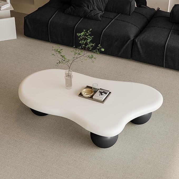 47" Cloud Coffee Table for Living Room Irregular Coffee Table Modern Low Coffee Tables Cute Small Center Table with 3 Ball Legs for Small Space Apartment White & Black