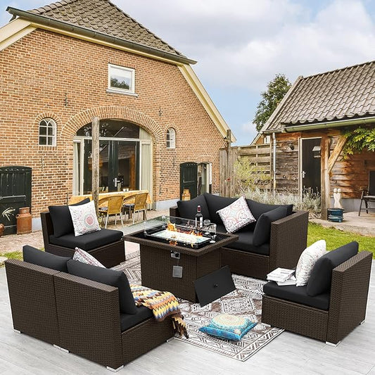 BULEXYARD 7-Piece Outdoor Patio Furniture Set with Propane/Natural Gas Fire Pit Table, High-Back Extra Large Backyard Sectional Couch Sofa, Cozy Wide Deep Seating Group, Brown Rattan & Black Cushion