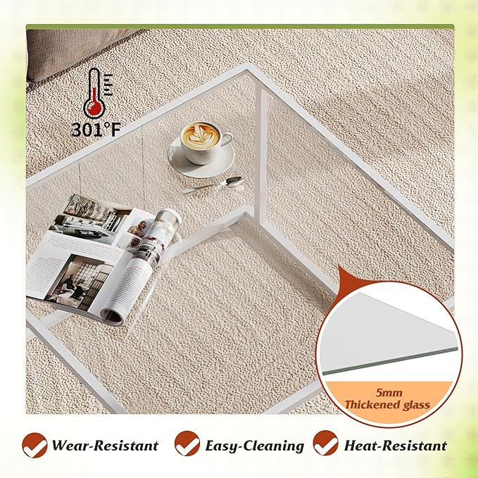 WLIVE Coffee Table, Glass Coffee Table for Living Room, Modern Small Coffee Table with Tempered Glass & Metal Frame, Square Center Table for Small Spaces Apartment, Office, 26.4 x 26.4in, White